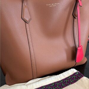 Tory Burch Brown Tote with zippered middle pocket. Fits a laptop